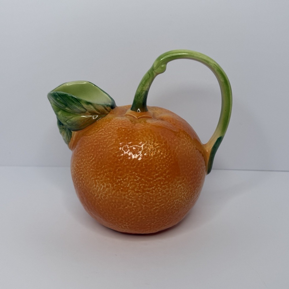 VTG Italian Majolica Ceramic Orange Fruit Pitcher 9201 Hand Painted 7" Tall